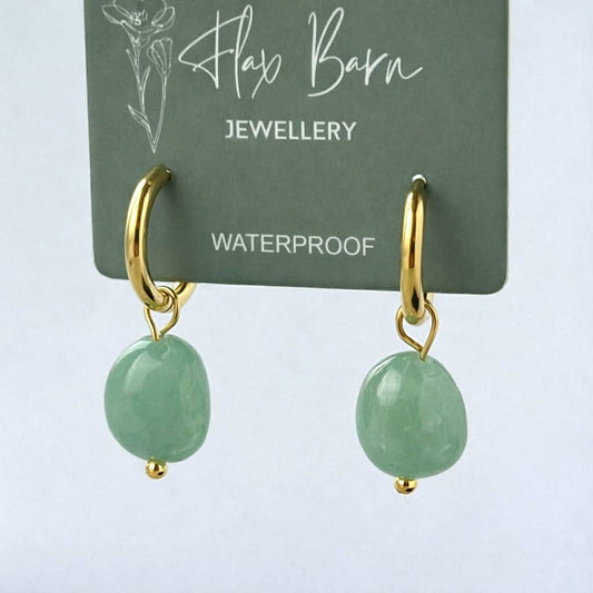 Tarnish Resistant Gemstone Drop Huggies: Jade