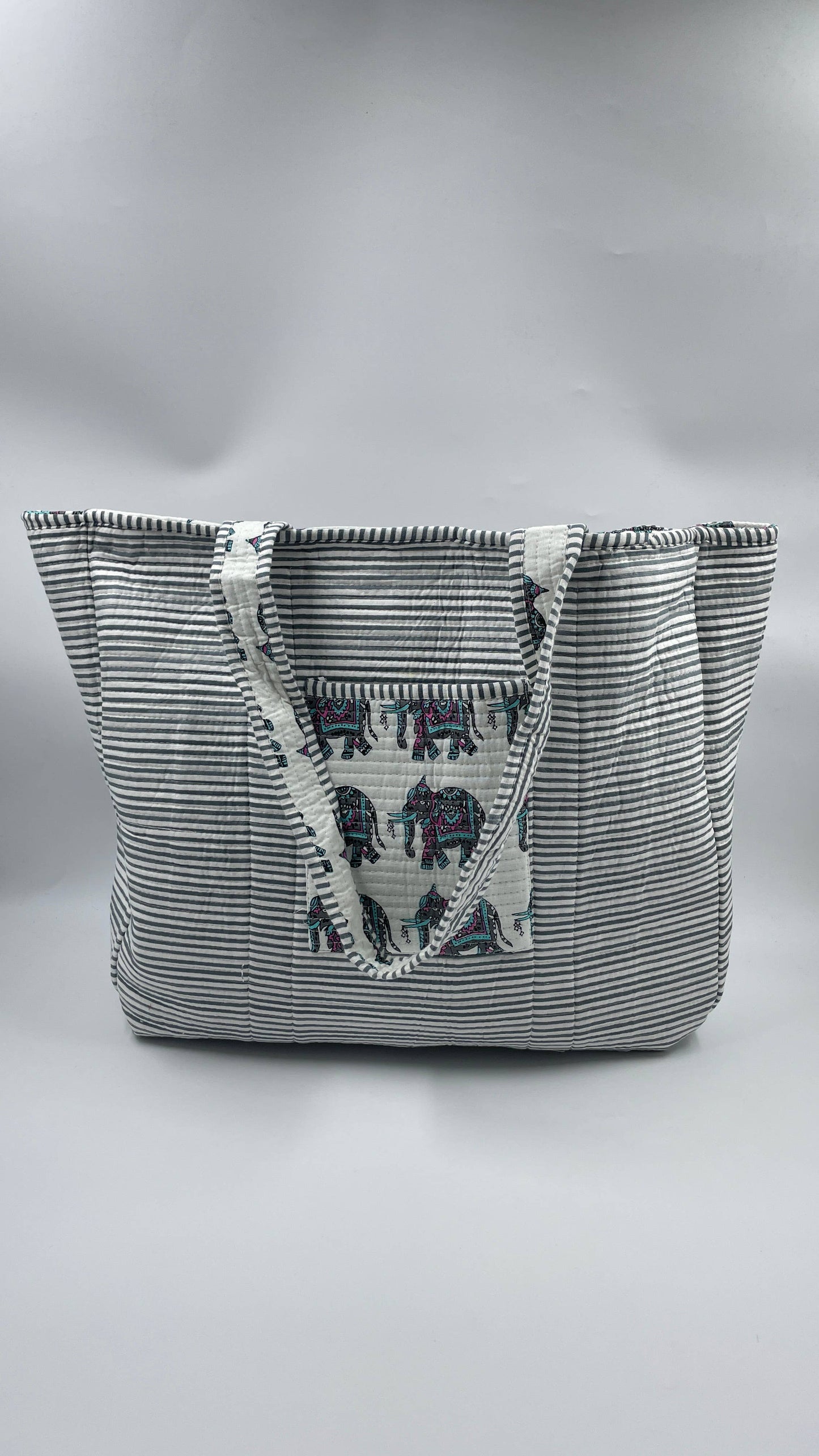 100% Cotton Kantha Quilted Boho Reversible Elephant Tote Bag