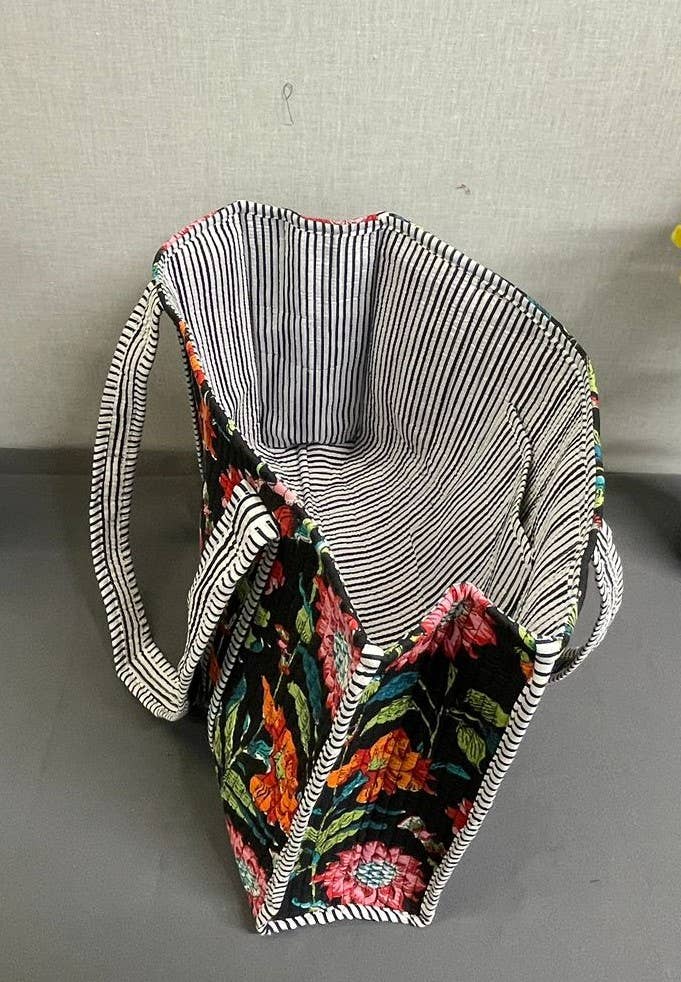 100% Cotton Kantha Quilted Boho Reversible  Floral Tote Bag