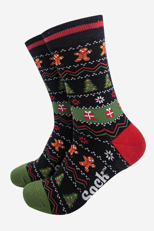 Men's Bamboo Socks - Black/Khaki, Gingerbread Fair Isle: UK 7-11 | EU 40.5-46 | US 8-12