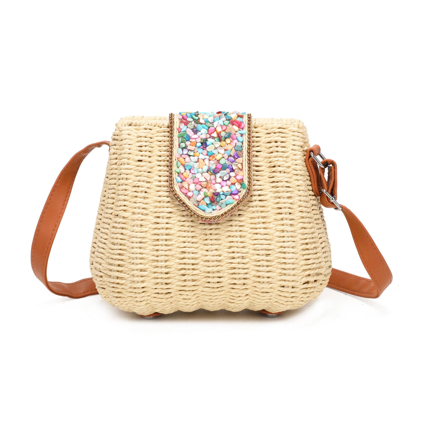J6519 Straw Crossbody Bag with gems: Lilac