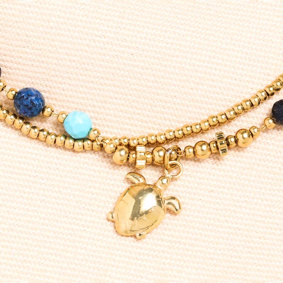 Semi Precious Beaded Blue Turtle Anklet in Gold