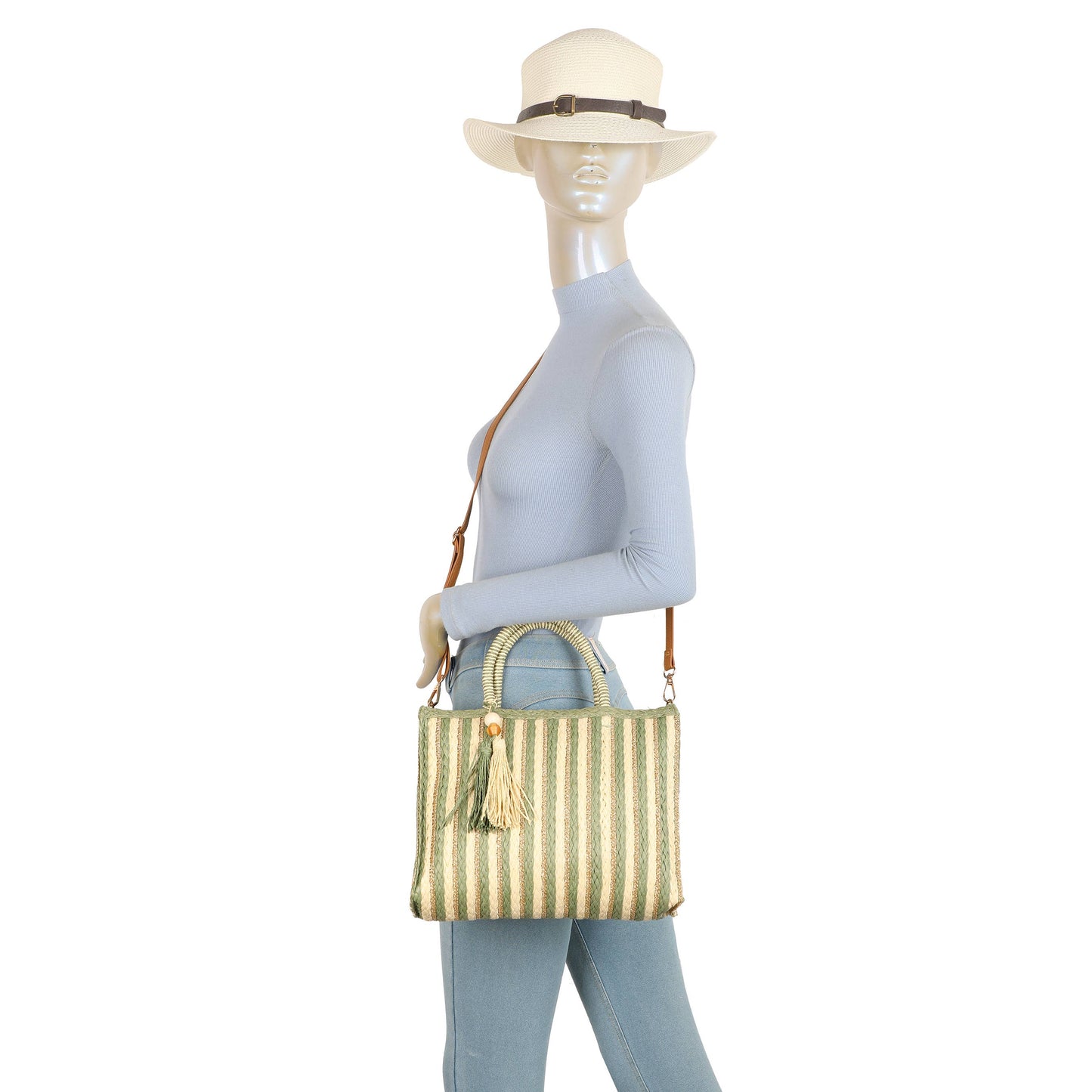 F9076 Woven Tote Bag Striped Tassel Summer Crossbody Bag: Green