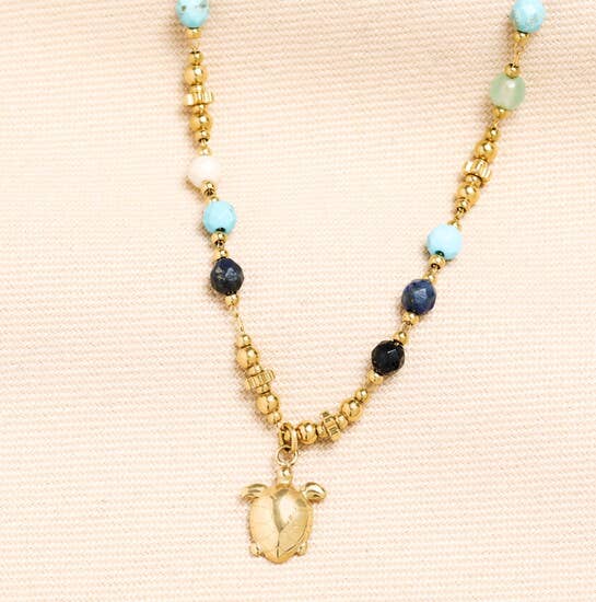 Beaded Blue Gold Turtle Necklace