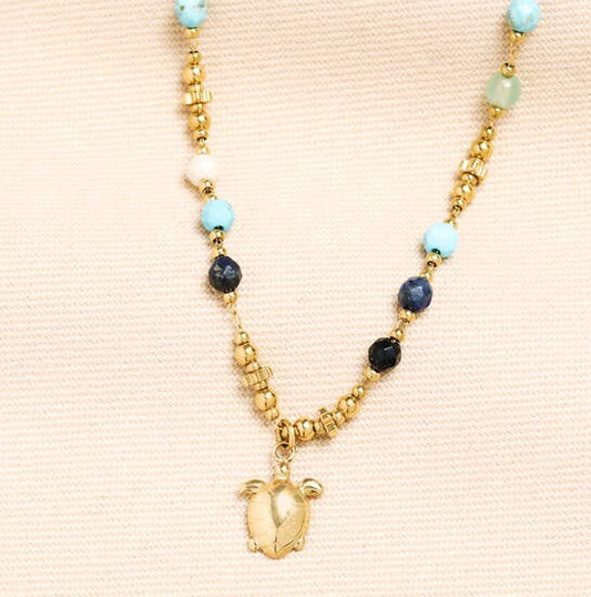 Beaded Blue Gold Turtle Necklace