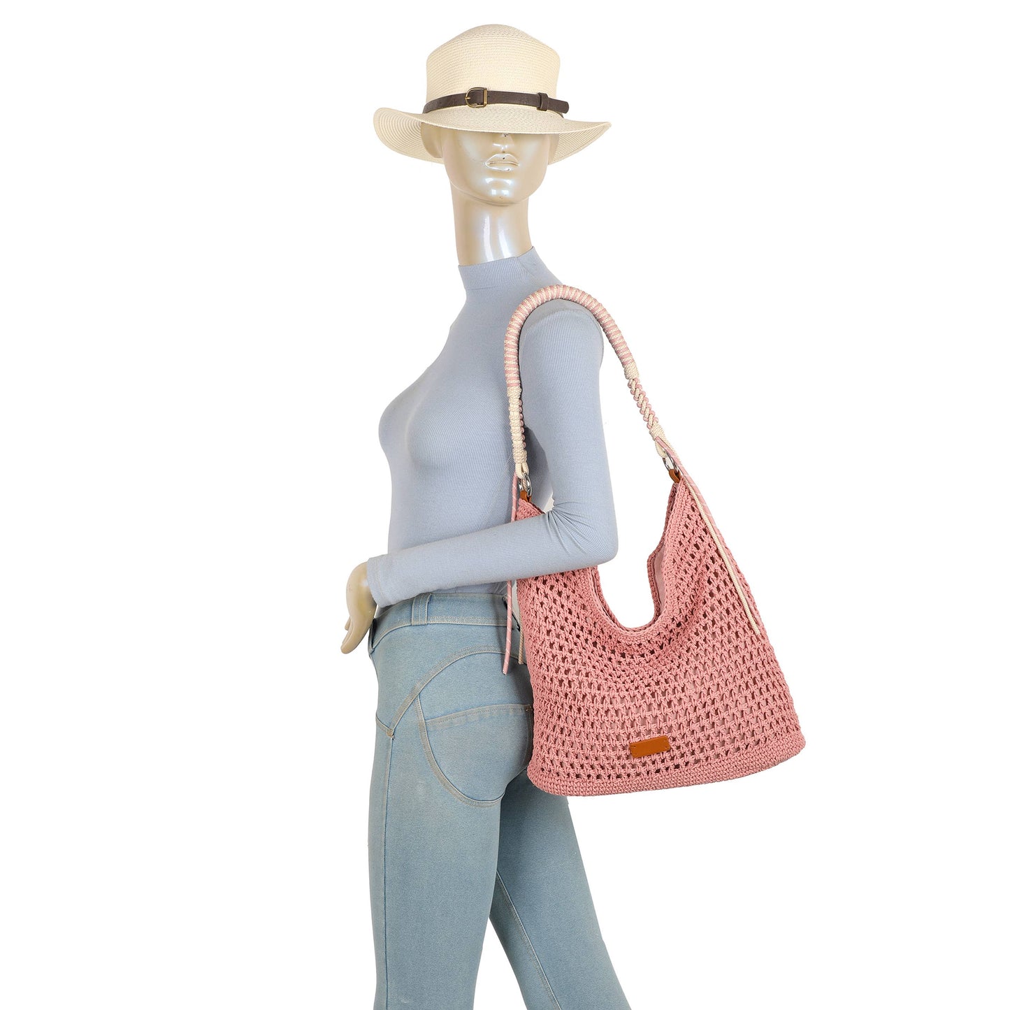 F9087 Crochet Hobo Bag with Rope Handle Detail: Black