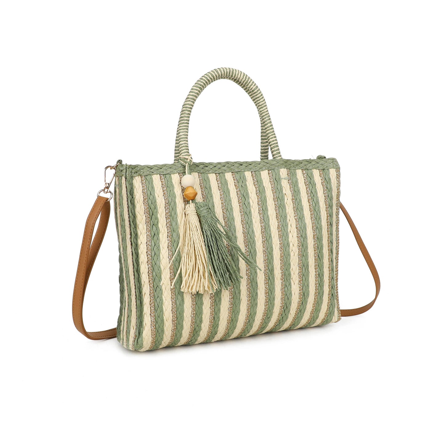 F9076 Woven Tote Bag Striped Tassel Summer Crossbody Bag: Green