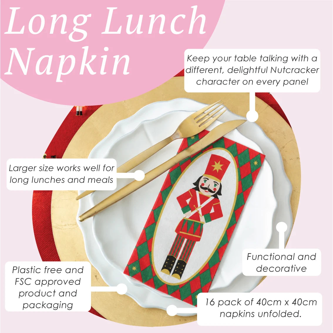Nutcracker Long Lunch Paper Napkins - 16 Pack