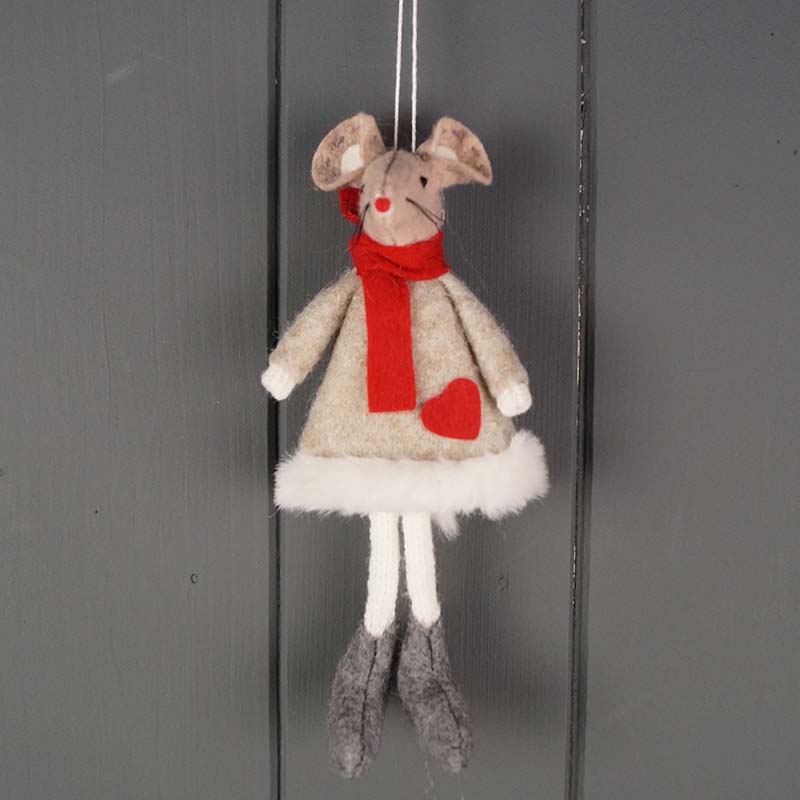 Red and Beige Hanging Winter Mouse With Heart Dress