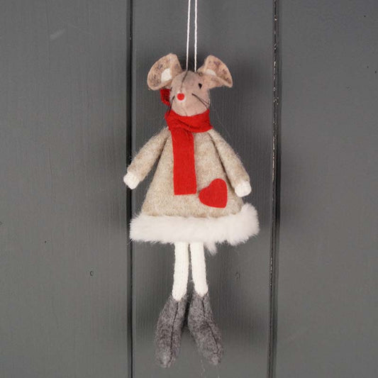 Red and Beige Hanging Winter Mouse With Heart Dress