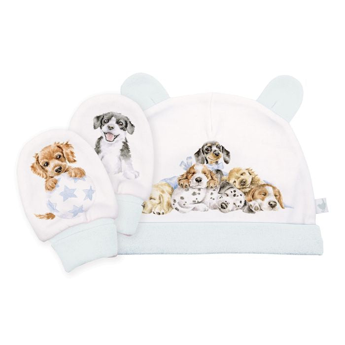 Sale - ‘Little Paws’ Dog Baby Hat and Mittens Set