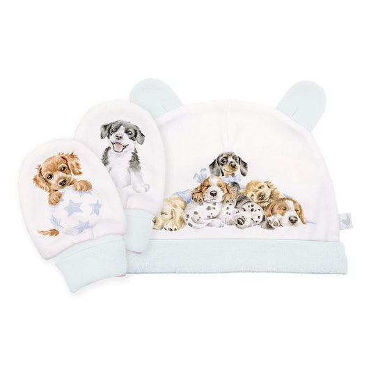 Sale - ‘Little Paws’ Dog Baby Hat and Mittens Set