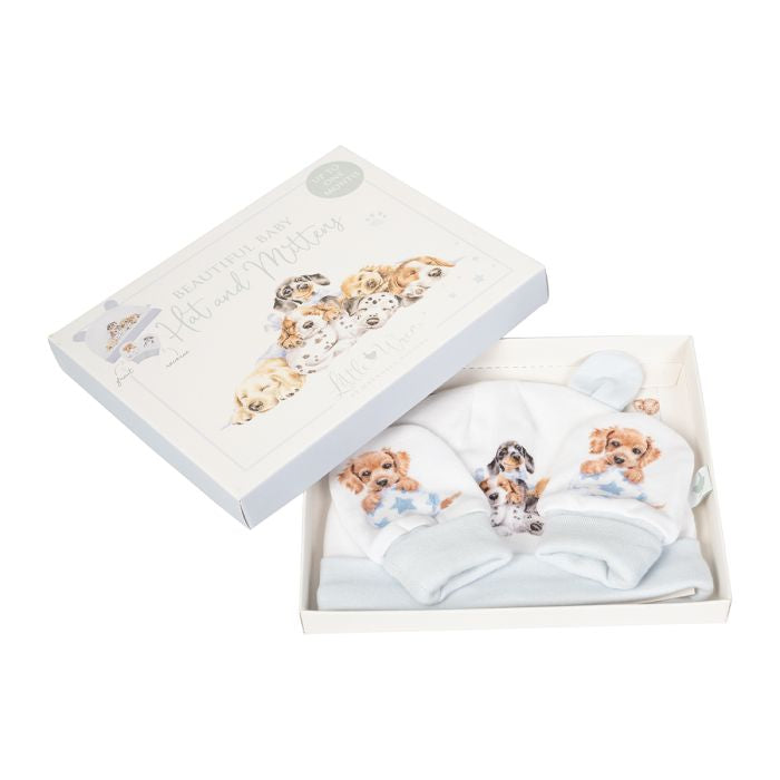 Sale - ‘Little Paws’ Dog Baby Hat and Mittens Set