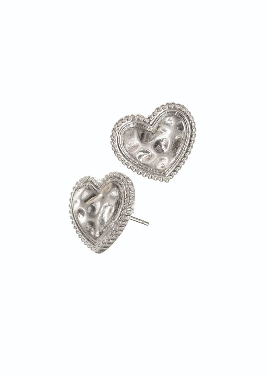 Hot Tomato - E - Textured Heart Studs - Worn Silver Earrings