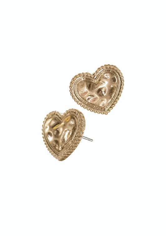 Hot Tomato - E - Textured Heart Studs - Worn Gold