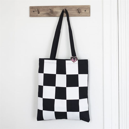 Checkerboard Tote Bag with pin badge