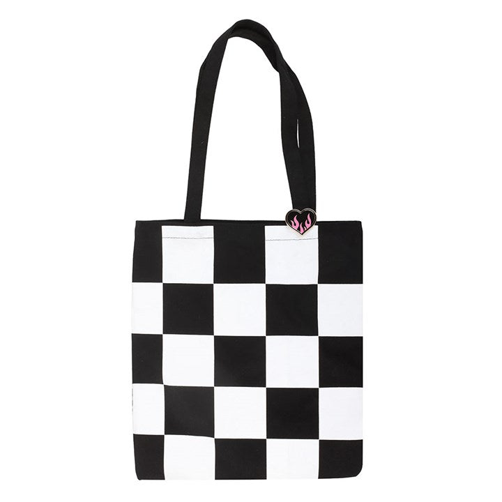 Checkerboard Tote Bag with pin badge