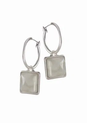 Hot Tomato - E - Hoops W/Stone Sq Drops - Worn Silver/Crazy Agate Earrings