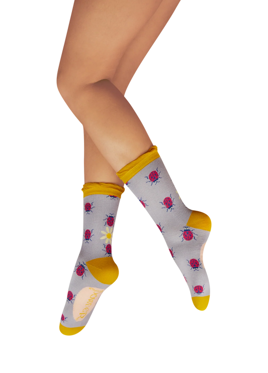 Ladies Ankle Socks - Lovely Ladybirds - Lilac