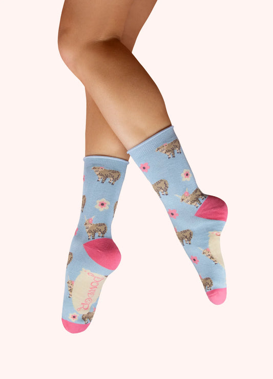 Power Women Socks - Highland Cow in Blue