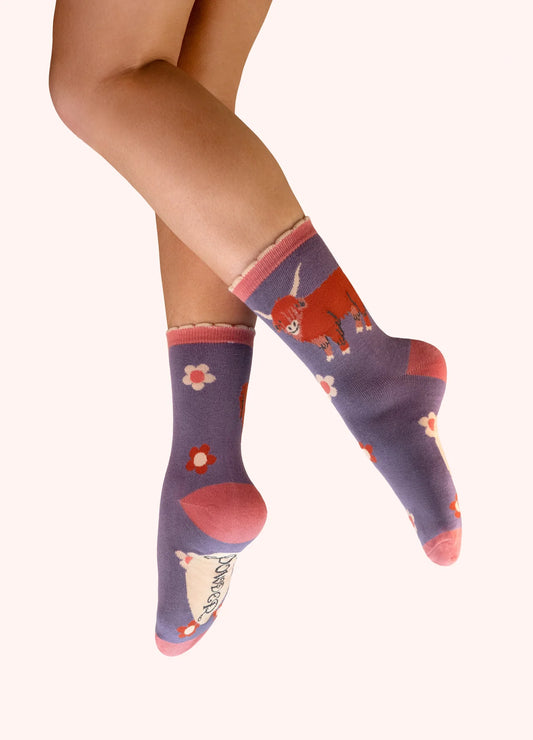 Powder Ladies Ankle Socks -  Highland Cow - Purple