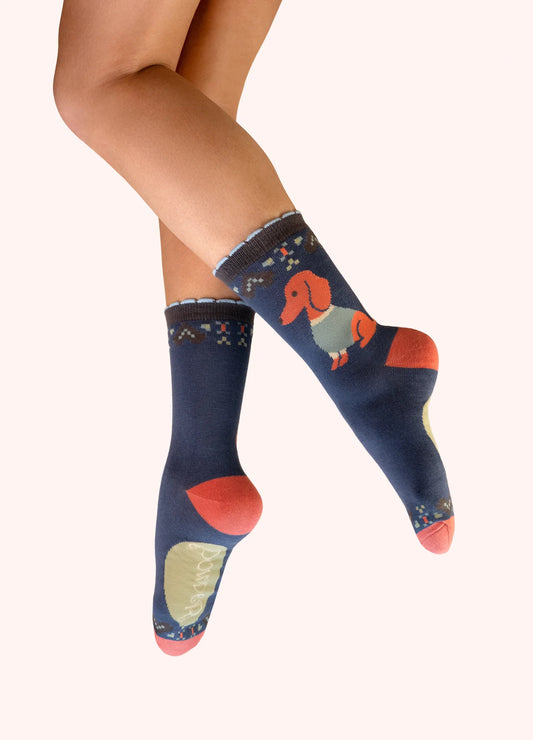 Powder Ladies Ankle Socks -  Snuggle Sausage Dogs In Denim