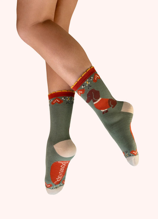 Powder Ladies Ankle Socks -  Snuggle Sausage Dogs In Olive