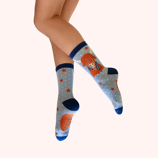 Powder Ladies Ankle Socks -  Cosy Highland Cow Glitter