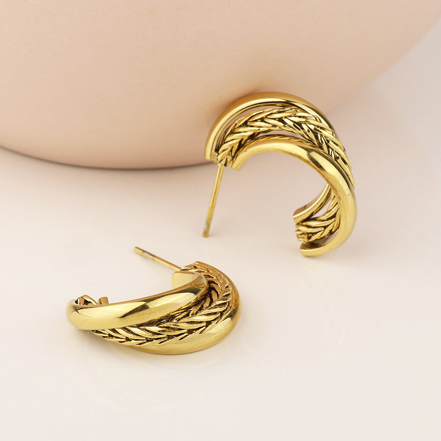 POM - Trinity stainless steel gold plated layered twist hoop earrings