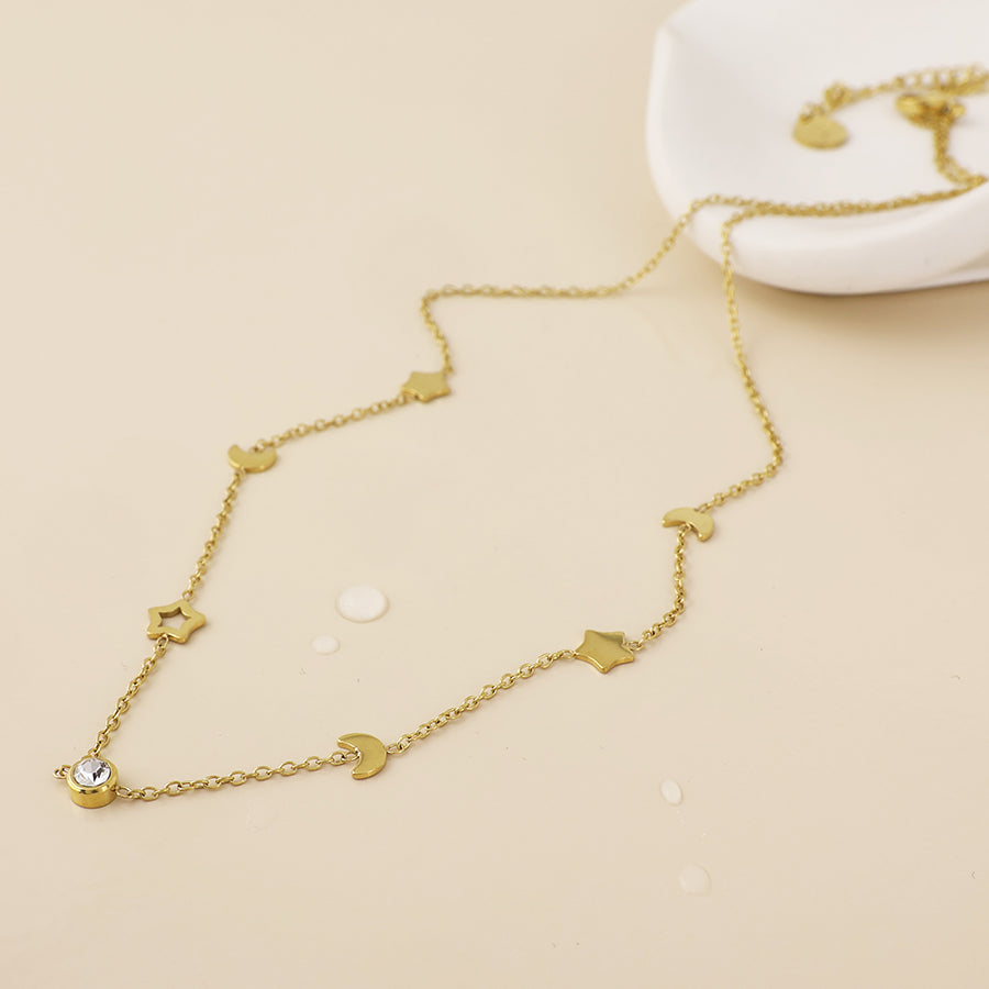 POM - Lumi stainless steel gold plated celestial charm and crystal necklace