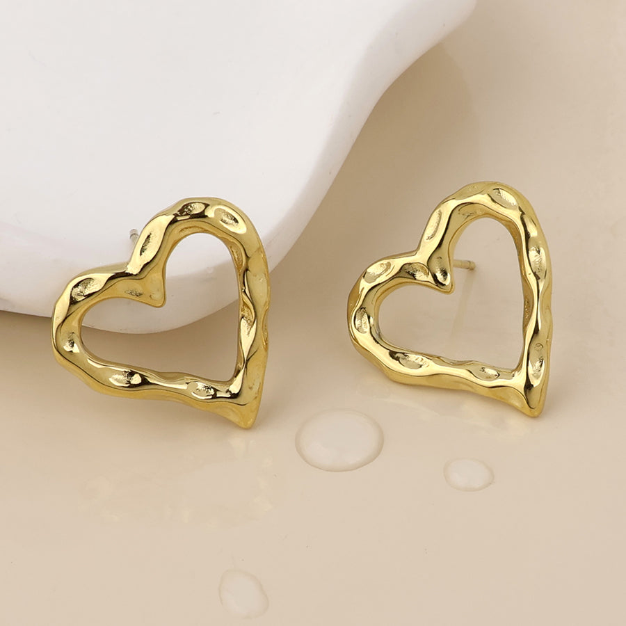 POM - Founder stainless steel gold plated beaten heart stud earrings