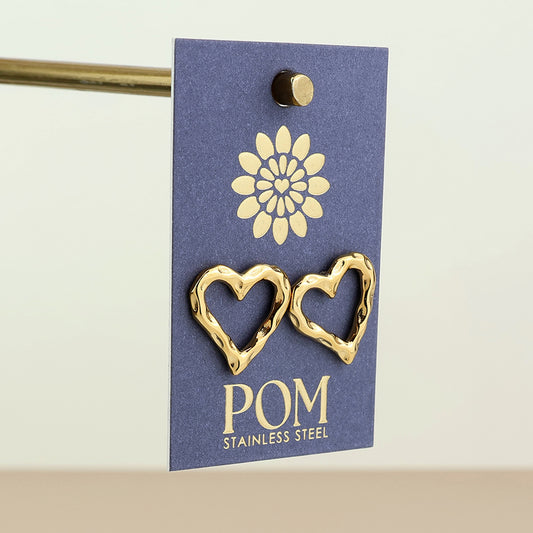 POM - Founder stainless steel gold plated beaten heart stud earrings