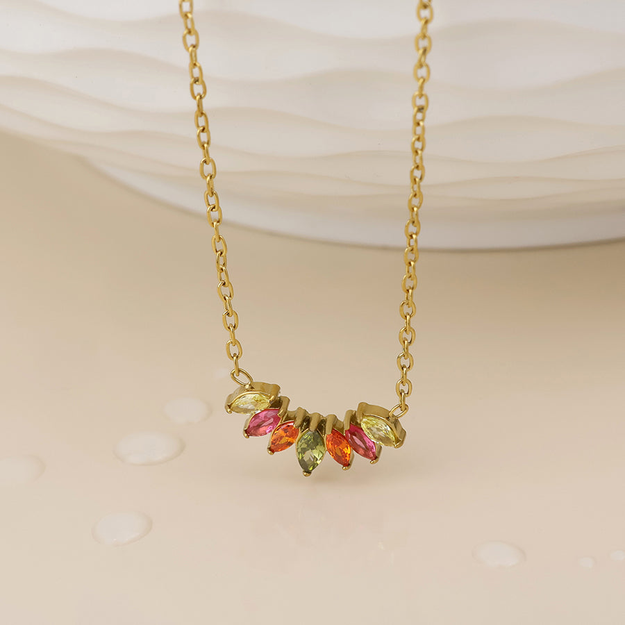 POM - Galaxy stainless steel gold plated pink mix marquis crystal curve necklace