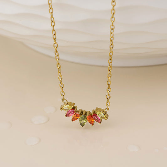 POM - Galaxy stainless steel gold plated pink mix marquis crystal curve necklace