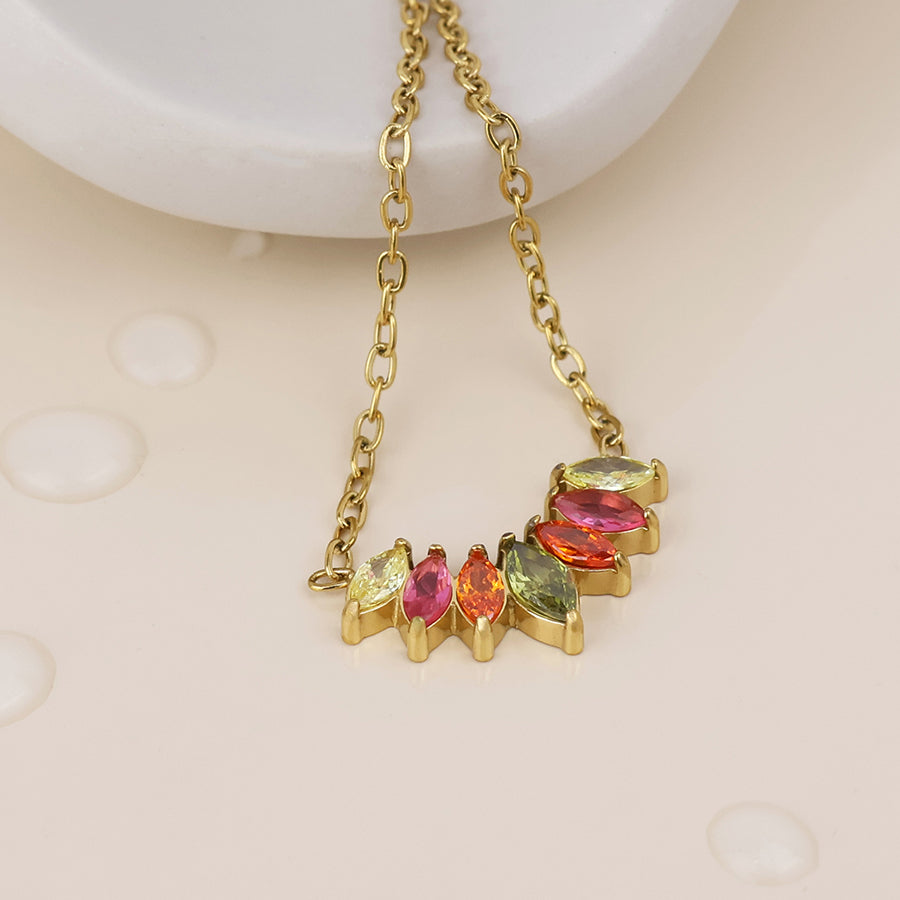 POM - Galaxy stainless steel gold plated pink mix marquis crystal curve necklace