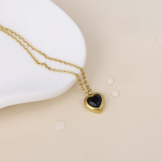 POM - Jiggy stainless steel gold plated black crystal fine heart necklace