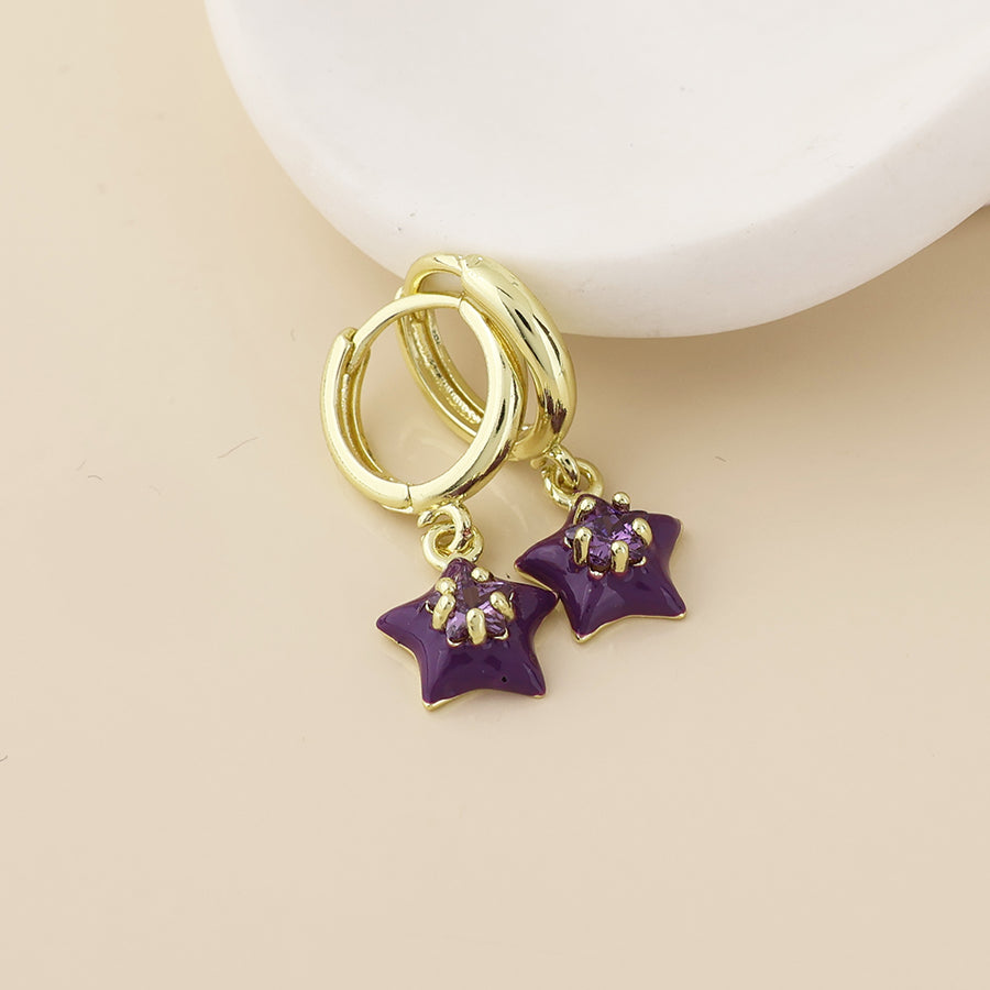 POM - Candy stainless steel gold plated hoop and purple star charm earrings