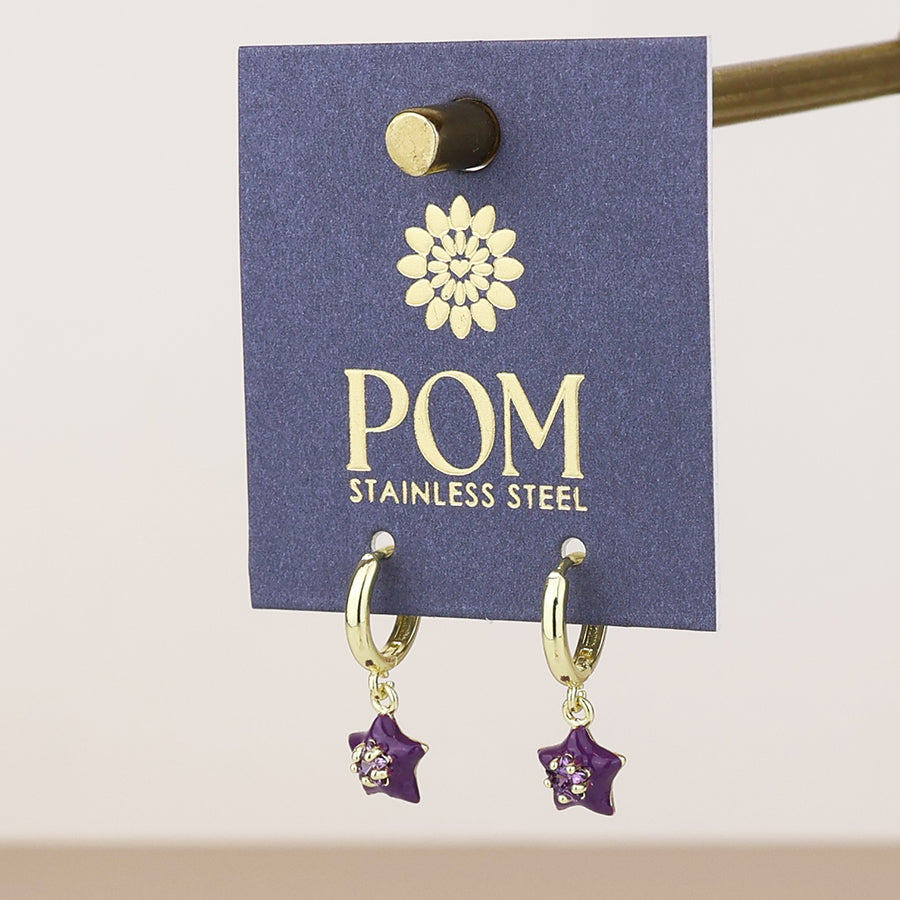 POM - Candy stainless steel gold plated hoop and purple star charm earrings