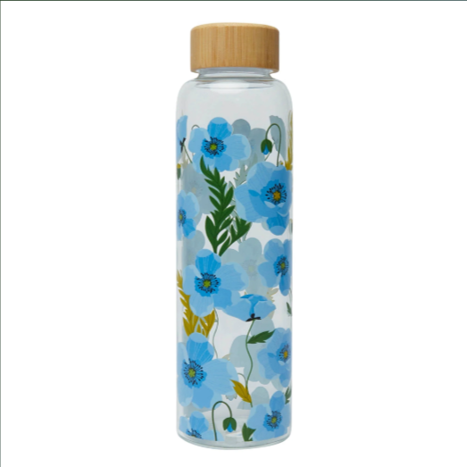 Blue Poppy Glass Water Bottle