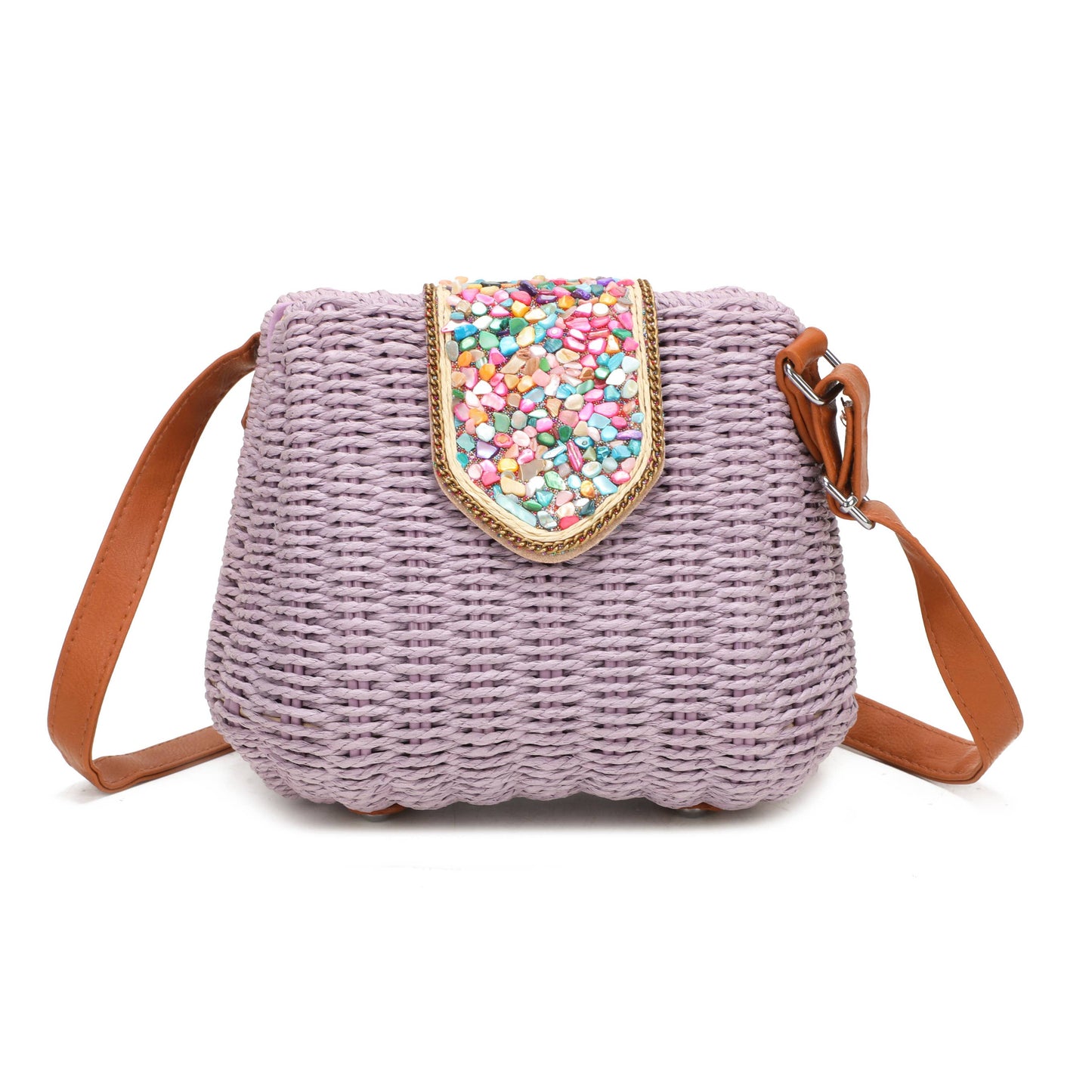 J6519 Straw Crossbody Bag with gems: Lilac