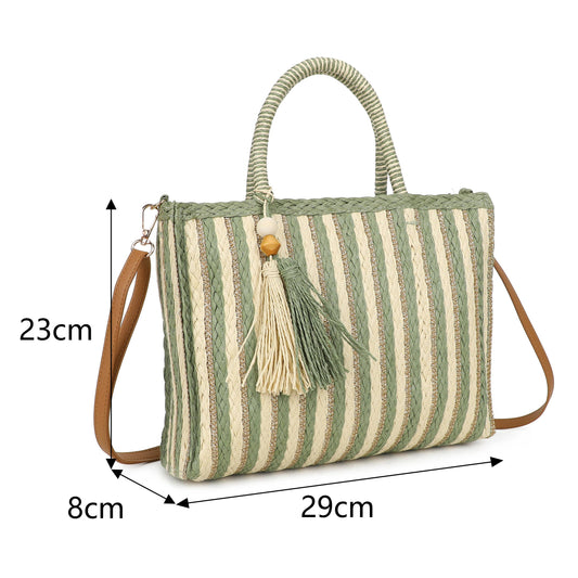 F9076 Woven Tote Bag Striped Tassel Summer Crossbody Bag: Green