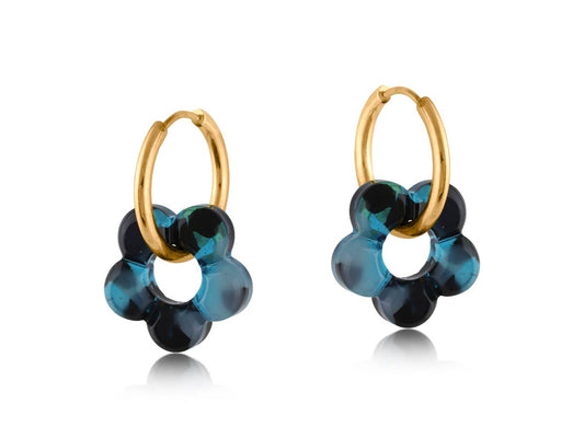 HISPANIA METAL AND RESIN FLORAL EARRINGS: BLUE/BLACK