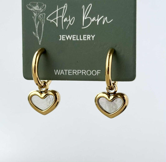 Tarnish Resistant Pearlescent Heart Huggies: Gold