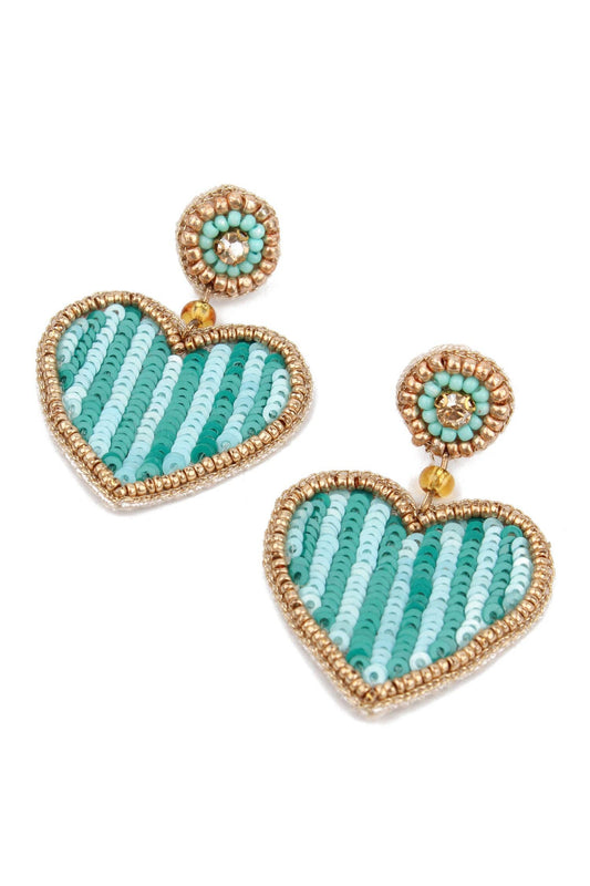 BLUE STRIPE HEART BEADED EARRINGS