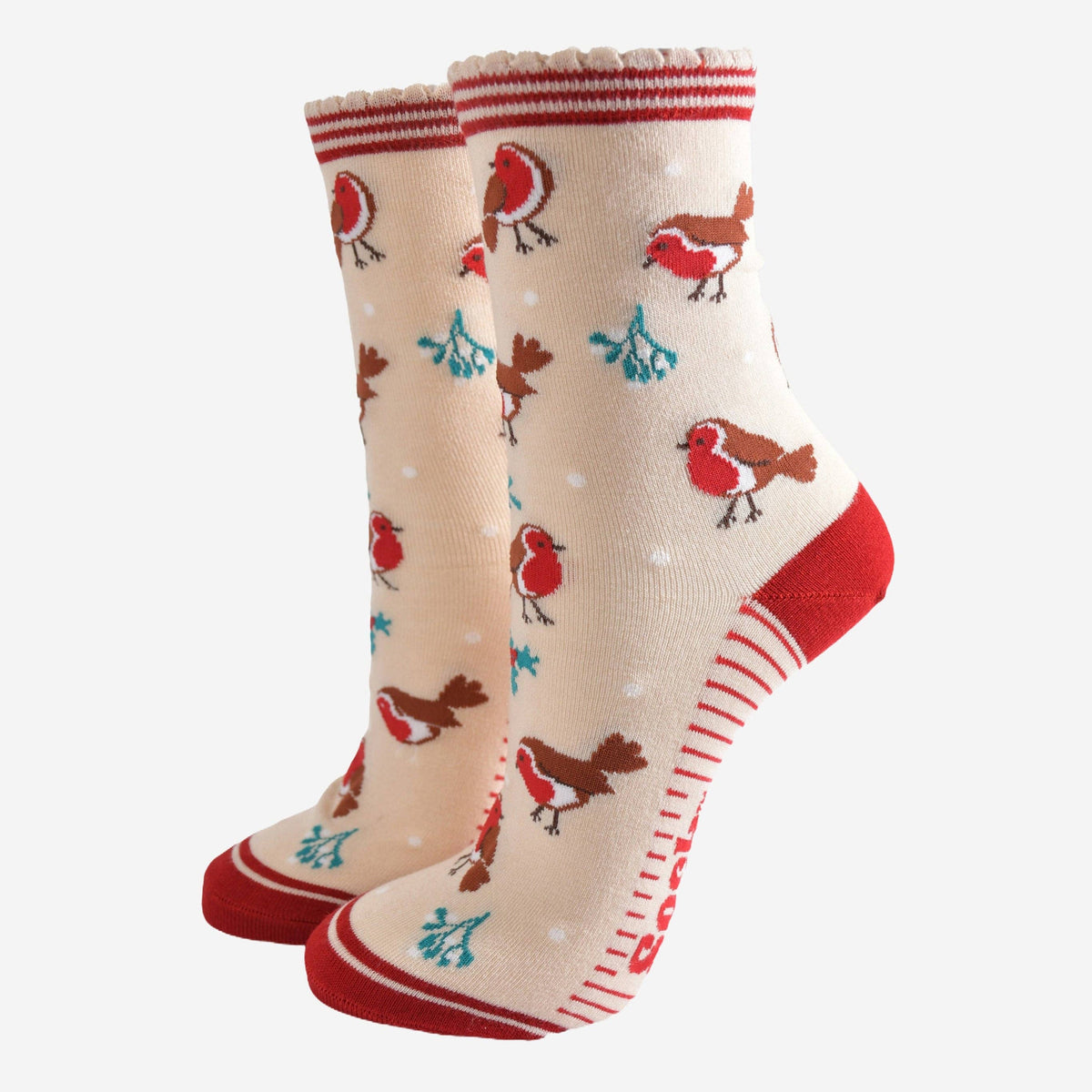 Women's Bamboo Socks - Cream/Red, Christmas Robin: UK 3-7 | EU 36-40 | US 5-9