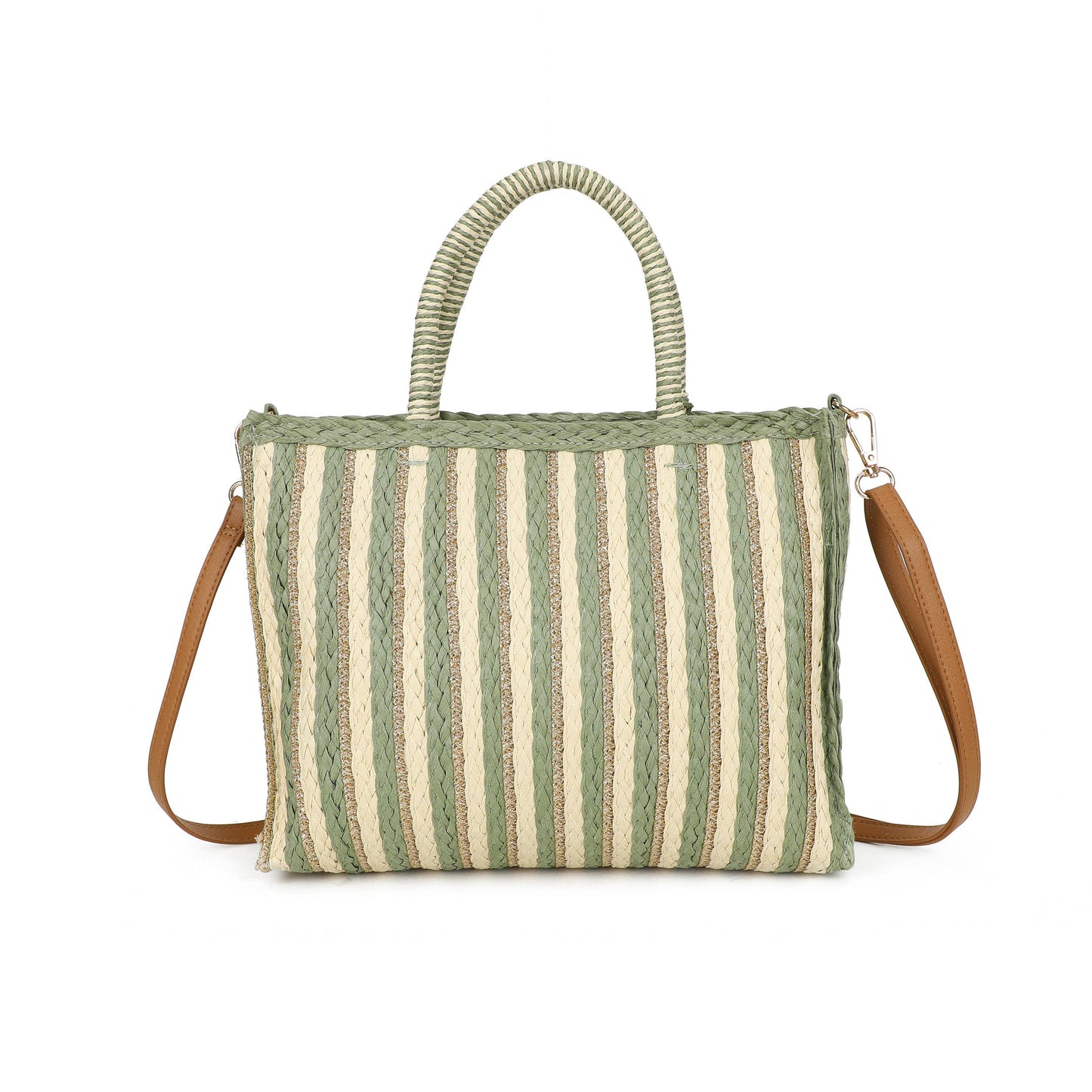 F9076 Woven Tote Bag Striped Tassel Summer Crossbody Bag: Green