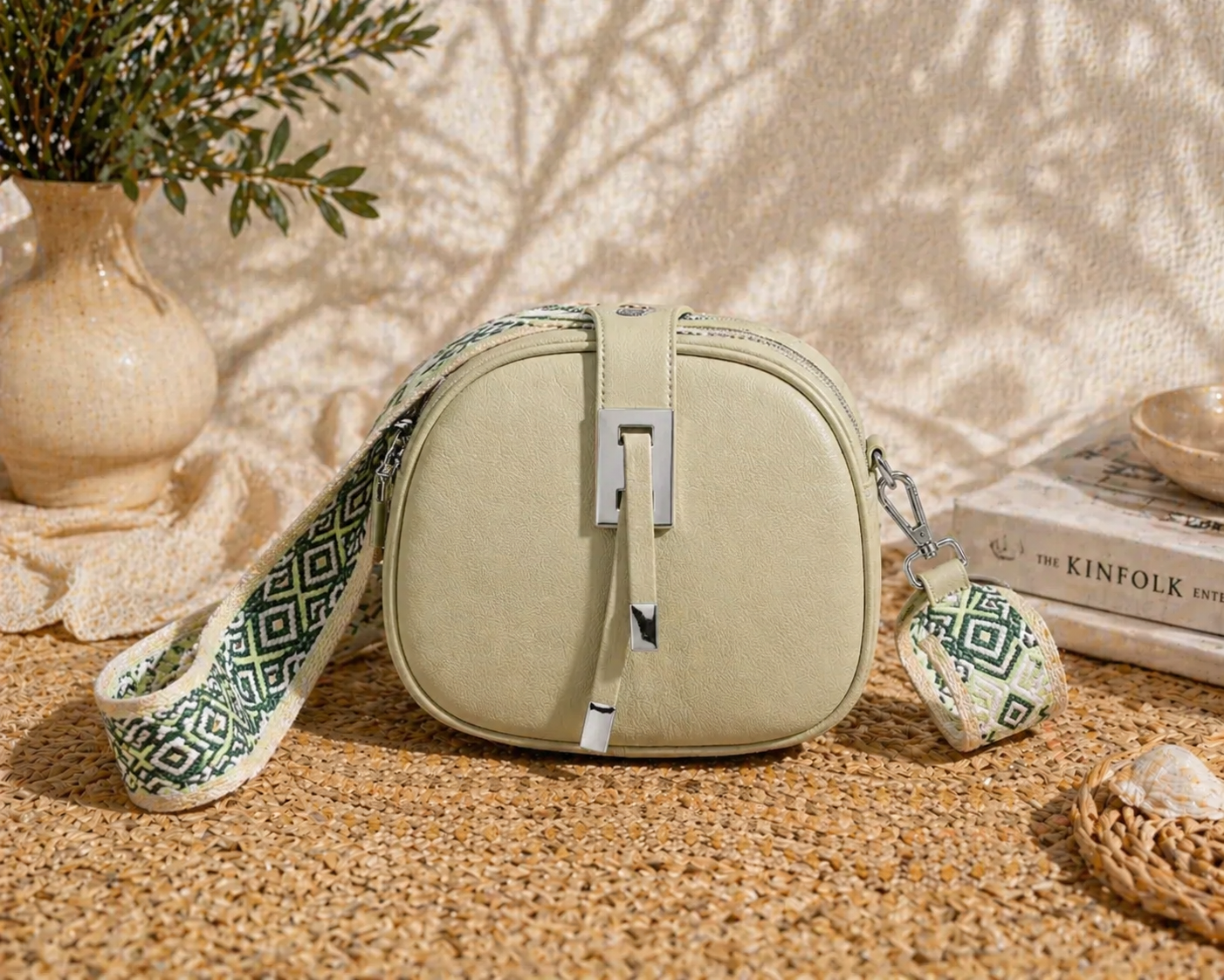 JM1307 Everyday Crossbody Bag with Pattern Strap: Green