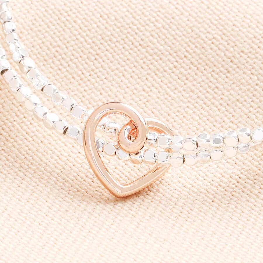 Sale - Scribble Heart Charm Layered Beaded Bracelet in Rose Gold