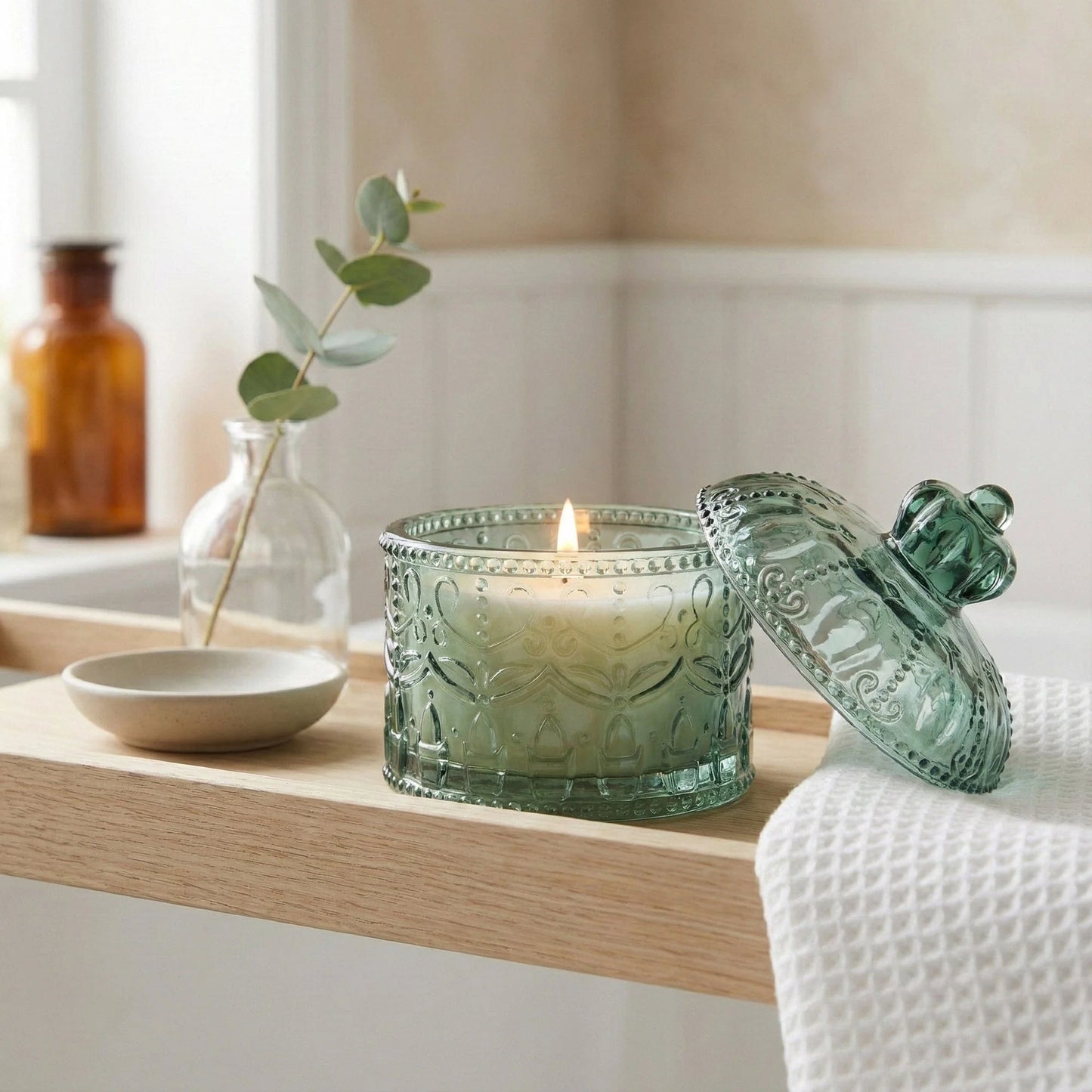 Square Embossed Candle Jar - Chengdu in Duck Egg