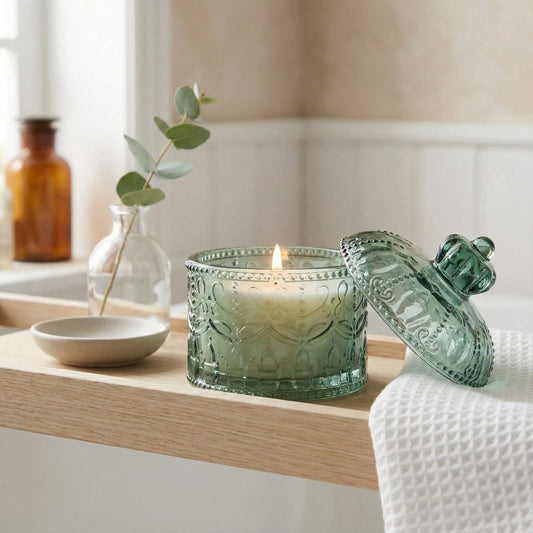 Square Embossed Candle Jar - Chengdu in Duck Egg